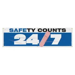 This safety banner is made of poly sheeting and is suitable for indoor and outdoor use. It measures 28 inches by 96 inches and is printed on one side. The banner does not include wind slits. It is commonly used to display safety messages in industrial facilities, warehouses, and construction sites.