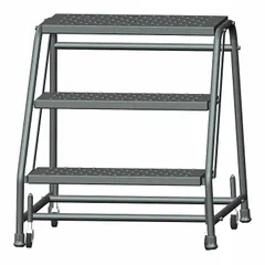 Steel rolling step stool with three steps, 450 lb load capacity, and 2.4 ft standing height. Features a rectangular gray frame and four swivel casters for easy mobility. Suitable for reaching elevated storage or equipment in industrial and warehouse settings.
