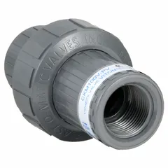 This PVC inline diaphragm check valve features a 1-inch pipe size with FNPT x Socket connections and a FKM diaphragm. The valve body is made of PVC with female threads. It is used to prevent backflow in piping systems handling corrosive fluids.