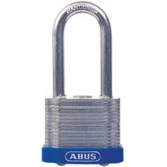 Steel padlock with unfinished silver finish and long shackle providing 1 31/32 in vertical clearance. Master keyed with 195 keyed different combinations. Suitable for applications requiring extended shackle reach, such as locking gates, cabinets, and equipment.
