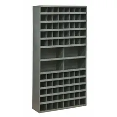 This lipped fixed-size compartmented shelving unit is constructed of steel with a gray finish. It features 84 compartments, each 12 in deep, within a 34 in x 12 in x 66 in overall size. Typical applications include organizing small parts, mail, documents, or tools in industrial, warehouse, and office environments.