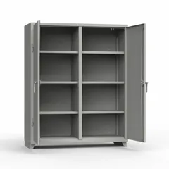 This shelf-style shift cabinet from STRONG HOLD features 6 adjustable shelves and 2 doors, with a legs base that elevates the unit for floor protection and easy cleaning. The cabinet is assembled and finished in Medium Gray. Suitable for organizing tools, parts, and equipment in industrial environments such as warehouses and maintenance facilities.