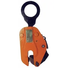 This vertical plate-lifting clamp is constructed of steel with a load ring attachment and manual teeth for gripping. It has a working load limit of 1,000 lb. Used for lifting and positioning steel plates in fabrication, construction, and metalworking applications.