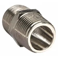 Nickel-plated threaded low-pressure pipe fitting with 1/2 in male NPT threads on both ends for straight connections. Suitable for pneumatic and fluid handling systems where corrosion resistance is required. Maximum operating pressure 250 psi