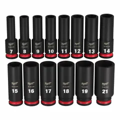 This 14-piece metric impact socket set includes sockets from 7 mm to 21 mm with a 3/8 in drive. Designed for use with impact wrenches, it features a friction retention design to securely hold fasteners. Suitable for heavy-duty fastening tasks in automotive, construction, and industrial maintenance.