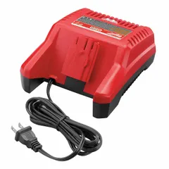 Single-port charger for 28V DC Milwaukee batteries. Accepts 120V AC input and charges a 3 Ah battery in one hour. Suitable for recharging batteries used in cordless power tools for construction and industrial applications.