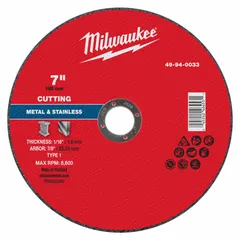 This Type 1 cut-off wheel is designed for general purpose cutting of carbon and stainless steel. It measures 7 inches in diameter, 1/16 inch thick, with a 7/8 inch arbor hole, and is made of aluminum oxide with 46 grit. Suitable for use in metal fabrication, construction, and maintenance applications requiring clean, precise cuts on ferrous materials.