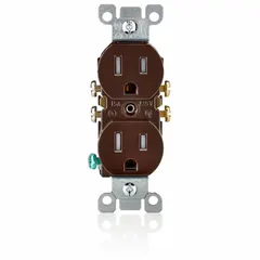 This duplex general-purpose receptacle is rated 125V AC, 15A with a NEMA 5-15R configuration. It features a brown finish and 2-pole, 3-wire grounding for standard electrical systems. Suitable for residential, commercial, and light industrial installations.