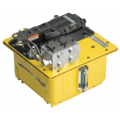 Air-operated hydraulic workholding pump unit with pendant control. Delivers maximum operating pressure of 5,000 psi. Reservoir capacity of 2 gallons. Used in industrial clamping and fixture applications to power hydraulic cylinders.