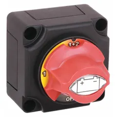 In-line rotary disconnect switch for negative-side battery disconnection. Rated for 12V and 300 A max current with copper contacts. Used to isolate battery power in vehicles or equipment to prevent parasitic drain, secure storage, or enable maintenance.