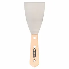 This standard scraper features a carbon steel blade with a straight shape and a hardwood handle. It is designed for scraping paint, varnish, or adhesive from flat wood surfaces in construction and renovation applications.