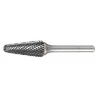 Double-cut carbide bur with ball-nosed cone shape for deburring, shaping, and finishing metal parts. Head size 1/4" x 5/8", shank 1/4". Suitable for ferrous and non-ferrous materials in industrial machining, tool and die making, and fabrication