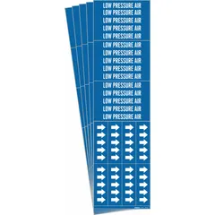 Blue adhesive pipe marker with white legend text reading "Low Pressure Air" and directional arrows. Designed for pipes with outside diameter of 3/4 inch and smaller. Each pack contains 3 markers; sold in a 5-pack quantity. Used to identify low-pressure air lines in industrial piping systems.
