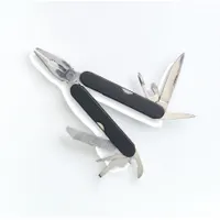 This 14-in-1 multi-tool is made of stainless steel with a black finish. It is reusable and includes a bottle opener. Suitable for general maintenance, repair, and field service tasks in industrial environments