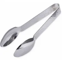 These 7-inch serving tongs feature stainless steel blades and handles with a silver finish. Suitable for food service tasks such as plating, buffet service, and kitchen preparation. Not dishwasher safe