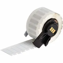 Polyimide precut label roll with white gloss finish. Each label measures 21/32 in by 13/64 in. Compatible with BMP61 printer series. Used for industrial identification of equipment, components, and wiring where heat resistance is required.