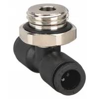 This LEGRIS tube fitting is a tee configuration with two ports for 6 mm OD tubing and one 1/8 in MBSPP pipe port. Constructed from nylon and nickel-plated brass, it is black and sold in a 10-pack. Used in pneumatic or fluid systems for branch-line assembly