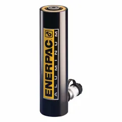 Single-acting hydraulic ram with 10-ton nominal capacity and 6-inch stroke. Aluminum body reduces weight for portability. Used for lifting, pressing, and positioning in industrial maintenance, construction, and manufacturing applications.