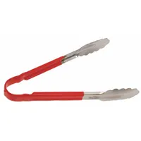 Red tongs with a 10-inch overall length and stainless steel blade. Uncoated handle. NSF Certified for food service sanitation compliance. Suitable for handling hot or cold items in commercial kitchens