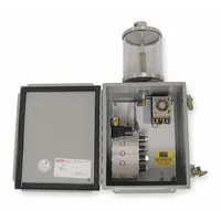 This oil-dispensing machine-mount lubrication system has a 1 qt reservoir capacity and 4 NPT feeds. It includes a timer for automated lubrication cycles and a pump ratio of 9:0. Used for delivering oil to bearings, chains, and slides in industrial equipment