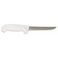 This boning knife features a straight steel blade with a 6 in overall length and a white polypropylene handle. It is NSF Certified for use in food preparation environments. Typical applications include deboning, trimming, and portioning meat, poultry, and fish