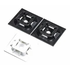 Adhesive mount cable tie base for securing cable ties to flat surfaces. Measures 1 in length by 1 in width by 0.24 in height with a 0.06 in slot height. White color, 100 pieces per pack. Compatible with miniature, intermediate, and standard cable ties.