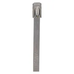 316 stainless steel cable tie with ball lock locking style. Nominal length 5 in, maximum bundle diameter 1 in, width 0.18 in. Silver color, pack of 100. Suitable for bundling and securing cables in harsh environments.