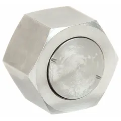 This hydraulic hose cap is made of stainless steel for corrosion resistance. It features a 1 in female O-Ring Seal (ORS) connection. Used to seal and protect hydraulic system ports and connections, preventing contamination and leakage.
