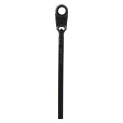 Black nylon screw mount cable tie with a 0.27 in width and 4 in maximum bundle diameter. Features a 0.25 in mounting hole for permanent attachment to flat surfaces using a screw. Suitable for securing wire bundles in control panels, enclosures, and other applications requiring stable cable management.
