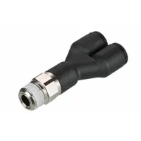 This LEGRIS push-fit wye fitting is made of polymer with nickel-plated brass components. It features a 1/4" pipe thread and two 10 mm OD tube ports, with an overall length of 39 inches. The push-fit design allows for quick, tool-free connections in pneumatic or fluid systems