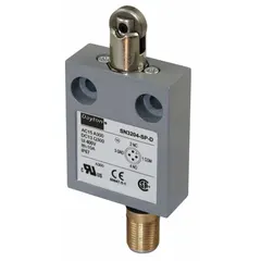 Top-mount roller-plunger limit switch with a 4-pin M12 connector. Used for position sensing in automated industrial equipment such as conveyors, packaging machinery, and assembly lines.