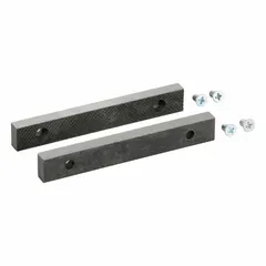 Steel screw-in vise jaw caps designed for a 6-inch vise jaw width. Secured with 4 screws. Compatible with vise models 10D695 and CT-102-6. Used in industrial maintenance, metalworking, and fabrication shops for clamping workpieces.