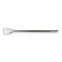 Chisel bit for SDS-Max hammer drills, with a 45/64 in shank diameter and 45/64 in hex shank. Overall length of 12 in. Used for surface material removal in concrete, brick, or stone demolition and renovation applications