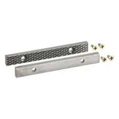 Steel screw-in vise jaw caps designed for a 4-inch vise jaw width. Includes 4 screws for installation. Serrated gripping surface provides secure clamping of workpieces in metalworking, fabrication, and maintenance tasks.
