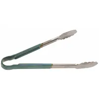 These tongs have a stainless steel blade and an overall length of 12 inches. The handle is uncoated. They are NSF certified and colored green. Suitable for food service applications such as handling and serving food