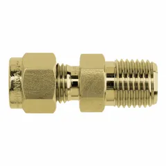 This double-ferrule brass compression fitting connects 3/8 in OD tubing to a 1/8 in male NPT pipe thread. It is clean and bagged for use in instrumentation, hydraulic, and pneumatic systems requiring a leak-tight seal. Compatible with Hy-Lok fitting brands.