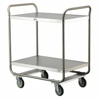 This LAKESIDE tubular utility cart features two stainless steel shelves and four swivel casters for maneuverability. With an overall height of 40 5/8 in, it is suited for transporting supplies in commercial kitchens, hospitals, and laboratories. NSF certified