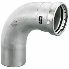 This 4-inch stainless steel press fitting creates 90-degree connections in industrial piping systems. It features a Press-fit x FTG, FKM connection type for secure, leak-proof joints. Suitable for applications such as HVAC, plumbing, and process lines.