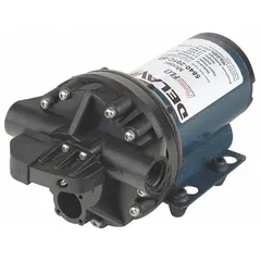 On-demand electric sprayer pump with polypropylene housing and FNPT connections. Features a demand pressure switch for automatic operation. Suitable for agricultural spraying, pest control, and industrial fluid transfer applications.
