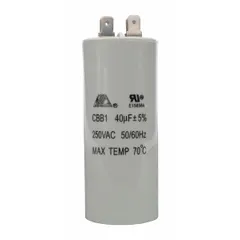 Capacitor for hoist applications, used in motor start or run circuits to store and release electrical energy. Suitable for replacement or original installation in hoist electrical systems.