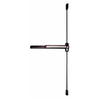 Surface-mounted vertical rod exit device with touchbar, constructed of brass. Designed for doors up to 3 ft wide. Provides push-bar release for egress in commercial applications