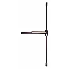Surface-mounted vertical rod exit device with touchbar, constructed of brass. Designed for doors up to 3 ft wide. Provides push-bar release for egress in commercial applications.