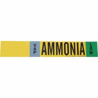 This ammonia adhesive pipe marker is designed for VAP-phase, low-pressure ammonia lines in industrial refrigeration systems. It fits pipe outer diameters from 2-1/2 to 7-7/8 inches and comes without directional arrows, suitable for straight pipe runs. Each unit includes one marker