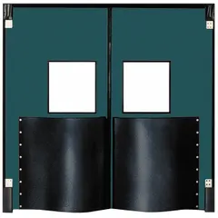 Polyethylene insulated swinging door with two doors, each 8 ft wide by 10 ft high, in green. Includes a polycarbonate window, door seals, bumpers, and mounting hardware. Meets USDA standards. Suitable for temperature-controlled environments such as food processing and cold storage.