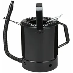Silver measuring container with a 5-quart fluid capacity, 6-inch overall diameter, and 8-inch overall height. Features a 14-inch flexible spout for controlled pouring into tight spaces. Suitable for precise fluid measurement and transfer in industrial maintenance, automotive, and workshop environments.