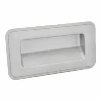 Angled inset pull handle made of stainless steel with a silver matte shot-blasted finish. Overall length of 6.1 inches. Features unthreaded holes for mounting. Suitable for use on cabinets, enclosures, and machinery doors where a flush-mount grip is required