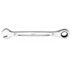 This 21 mm metric 12-point ratcheting combination wrench features a chrome vanadium steel construction with a chrome finish. The ratcheting box end allows for faster fastener turnover without repositioning, suitable for tasks in confined spaces. Standard-length design for general mechanical and assembly work.