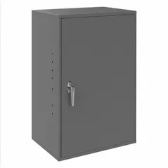 This steel wall-mount cabinet is assembled with a solid door, swing handle, and keyed lock. It includes two adjustable shelves for organizing tools, parts, or supplies in workshops, warehouses, or offices. The gray finish and light-duty rating suit general storage applications.