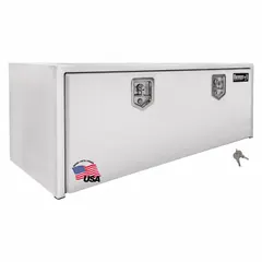 This single drop-down door box from BUYERS PRODUCTS is designed for underbody truck mounting. It features a white finish, a keyed lock for security, and an overall depth of 24 inches. Suitable for storing tools and equipment in fleet and vehicle maintenance applications.