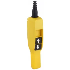 This push-button pendant features a momentary/momentary action with Up/Down legend, housed in a plastic NEMA 4/4X/5 enclosure. It is configured with two push buttons and rated for AC 10 A @ 600 V and DC 5 A @ 600 V. Suitable for remote control of industrial equipment such as hoists, cranes, and conveyors.